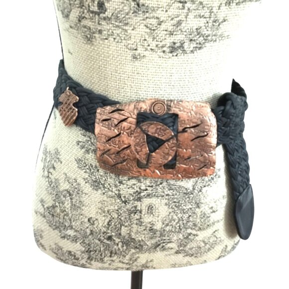 Vintage Black Braided Belt Copper Concho Statement Buckle Adjustable One Size main image 6